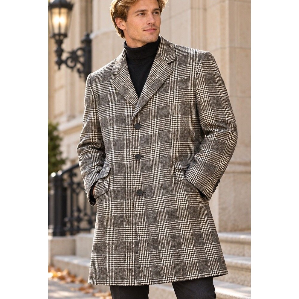Vtg 60s 70s Union Made Men's 46R Heavy 100% Pure Virgin Wool Glen Plaid Overcoat